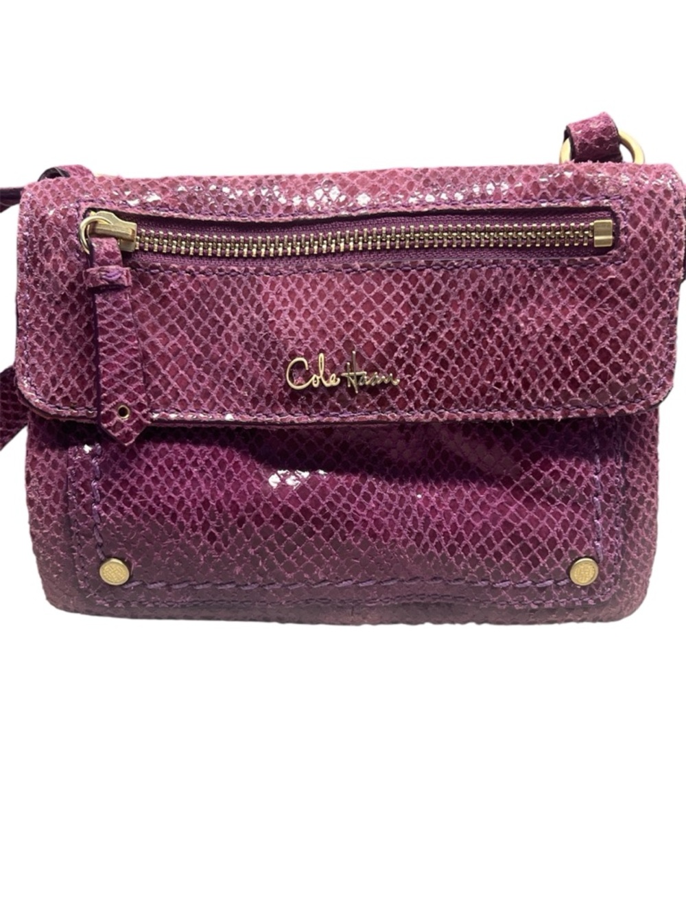Cole Haan Plum Snake-Embossed Crossbody Bag with Gold Hardware